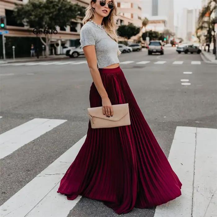 Sexy vin rouge Maxi Jupe plissée femmes mode automne hiver longues jupes plissées Style coréen