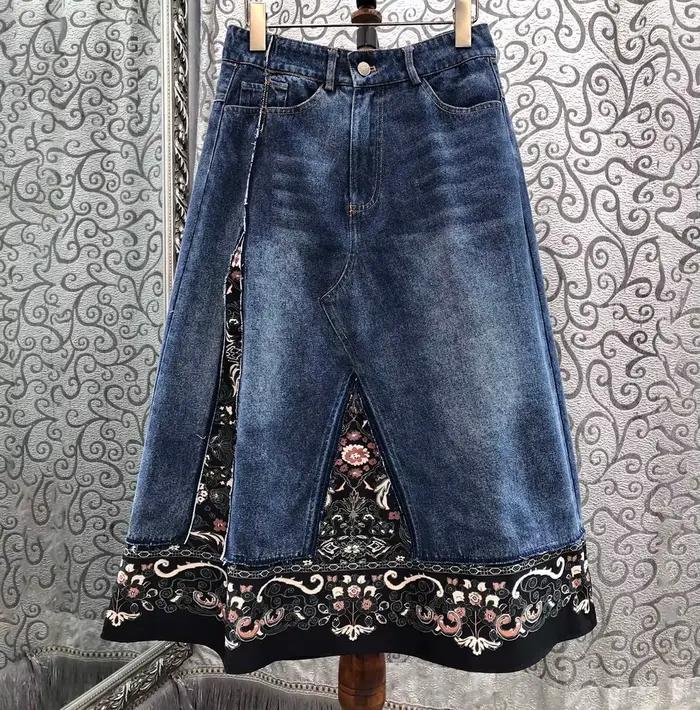 Top qualité nouvelle jupe en jean 2025 automne hiver Design dame Vintage imprimé fleuri Patchwork mi-mollet longueur
