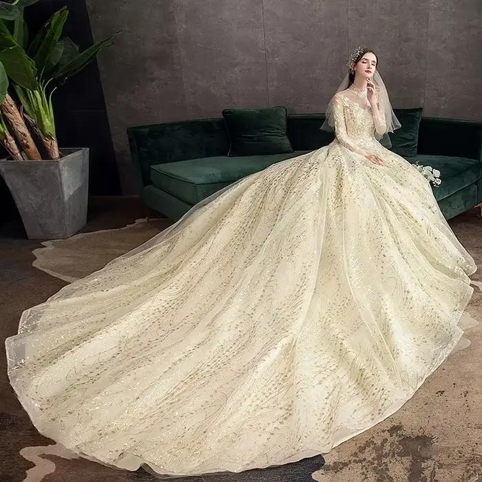 Robe De mariée Champagne avec traîne longue personnalisée, manches longues, nouvelle mode vintage, col haut, robe De bal, grande taille