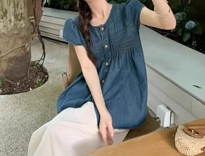 Chemise en jean pour femme, nouvelle collection été 2026, col rond, fine, ample, décontractée, polyvalente, plissée, à manches courtes