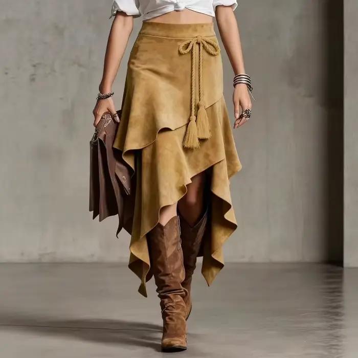 Jupe longue asymétrique vintage en daim pour femme