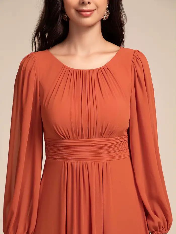 Robes de soirée élégantes, longues, à manches longues, col rond, en mousseline de soie, longueur au sol, Ever Pretty, couleur orange brûlé, robe de bal pour femmes