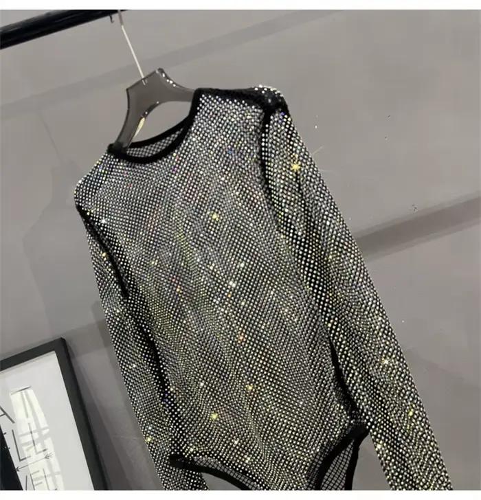 Combinaison à manches longues pour femmes, barboteuse Sexy en maille ajourée, tenue décontractée scintillante pour tenues de nuit en Club d'été