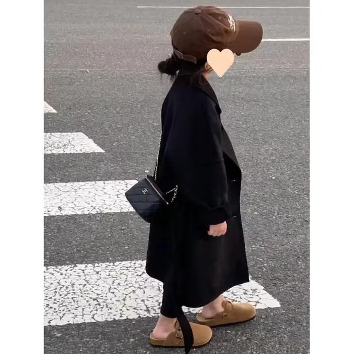 Manteau en laine mi-long pour enfants, manteau simple, noir, style français, garçon, fille, printemps, automne