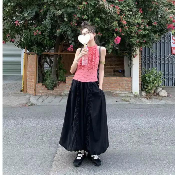 Jupe longue gothique à volants noire Vintage pour femmes