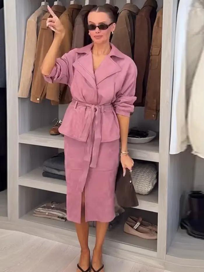 Ensemble tailleur jupe 2 pièces élégant pour femme en suède