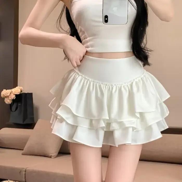 Mini-jupe à volants superposés taille haute avec short intégré pour femme et adolescente