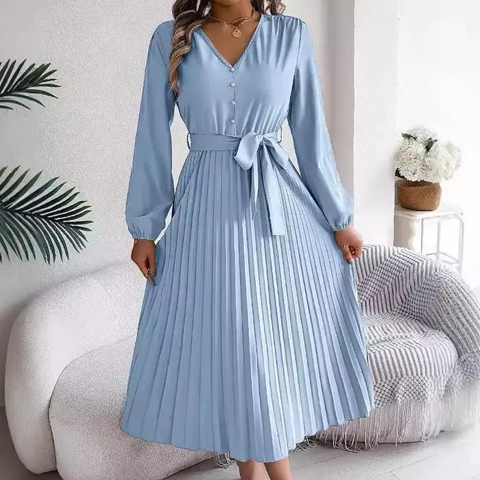 Femmes automne printemps jupe longue robe élégante col en V boutonné à lacets plissé décontracté à manches longues dame