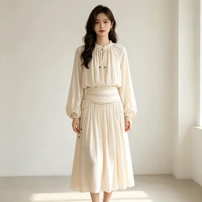 Ensembles de jupes plissées pour femmes Nouveauté Printemps-Été 2026 – Haut simple en dentelle à manches longues et jupe mi-longue taille haute – Tenue féminine