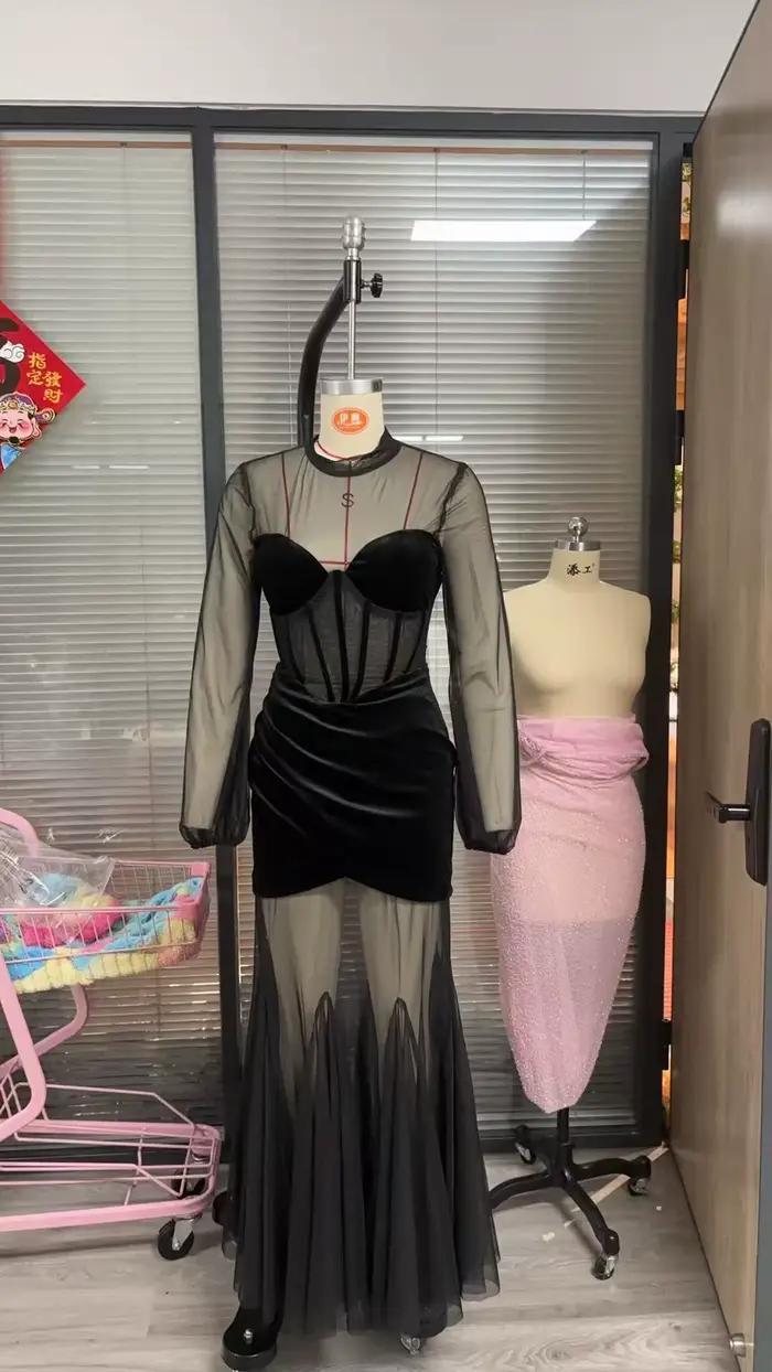 Robe longue pour femmes, Sexy, Y2k, Streetwear, portefeuille, hanche, épissure élégante, fête, travail de nuit, manches longues, taille haute, 2025