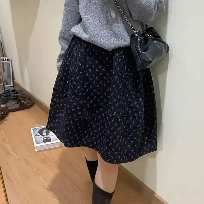 Mini-jupe en velours côtelé à fleurs pour femme, taille haute, coupe trapèze, à volants