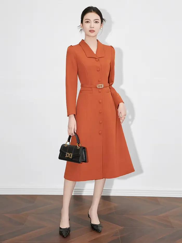 Robe longue à col rabattu pour femme avec ceinture à boutonnage simple