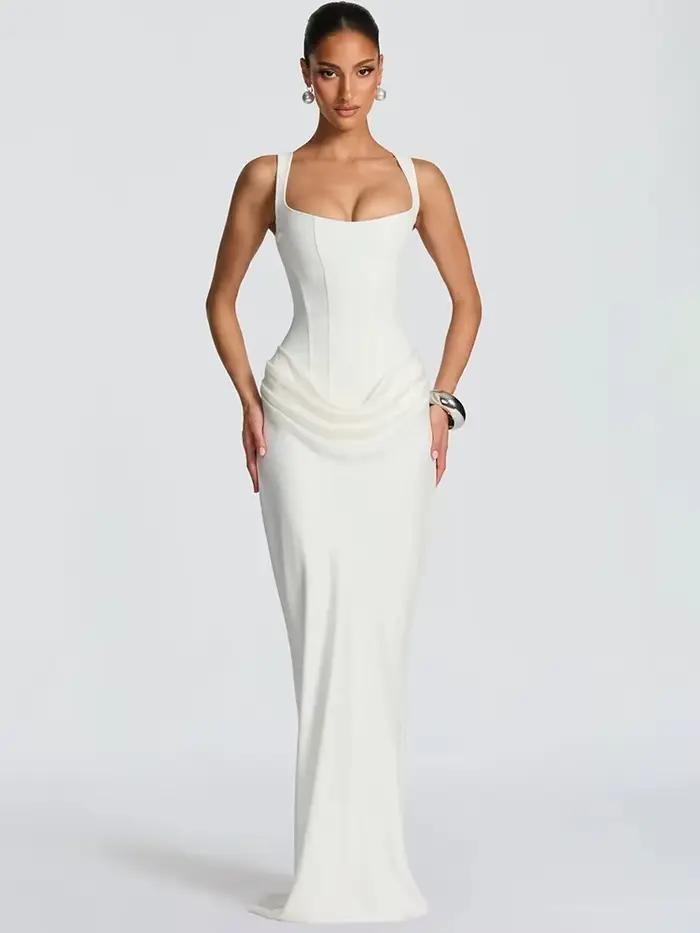Robe Maxi froncée, dos nu, Sexy, élégante, col carré, bretelles coniques, sans manches, moulante, robe longue de soirée en boîte de nuit