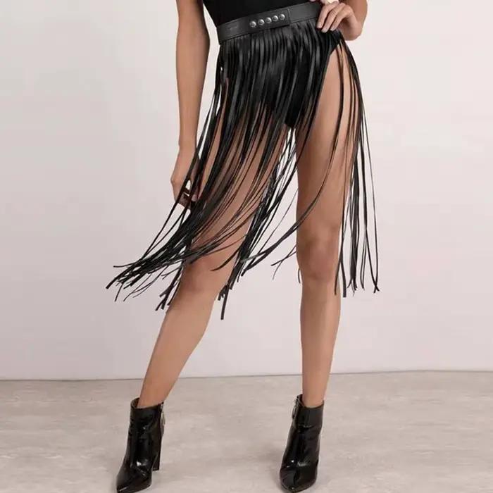 Jupe en Faux cuir pour femmes, taille haute, glands, harnais, Punk, Clubwear, fête, charme, danse en toute confiance