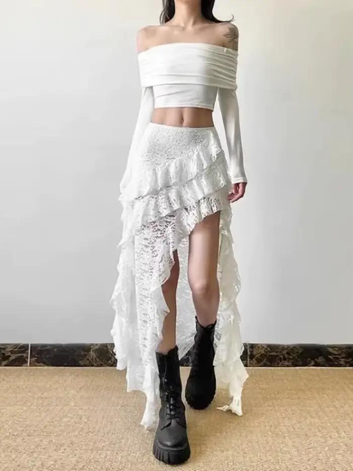 Jupe noire en dentelle Patchwork à volants pour femmes Y2k Grunge taille haute
