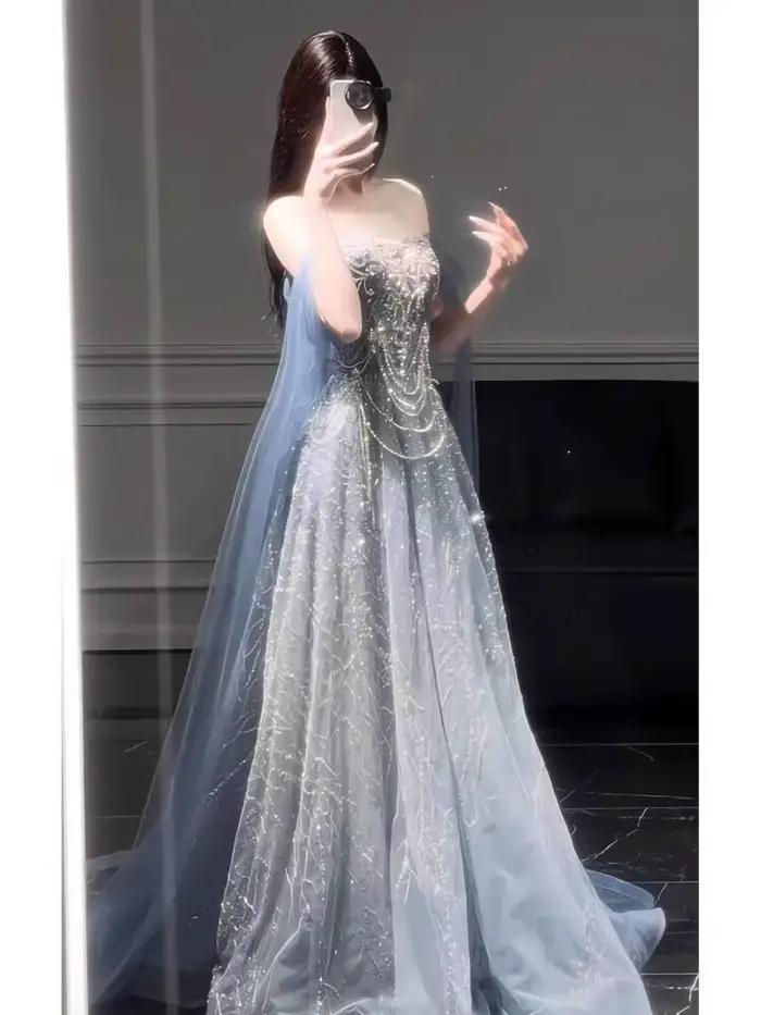 Robe de soirée bleue pour femmes, haut de gamme, sens du Style, robe de passage d'âge haut de gamme, légère, luxe, réunion annuelle, examen d'art, nouvelle collection 2025