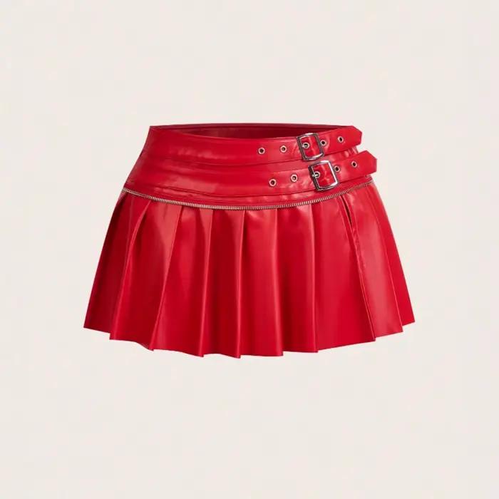 Jupe plissée en cuir PU JCLOTHZI avec écharpes pour femmes, mini jupes fendues, couleur argent, rouge, brun, fuchsia, occasion spéciale