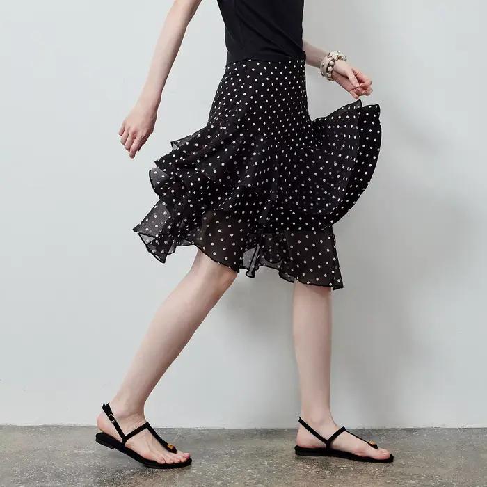Jupe courte fluide asymétrique à volants superposés en mousseline à pois pour femme TOYOUTH