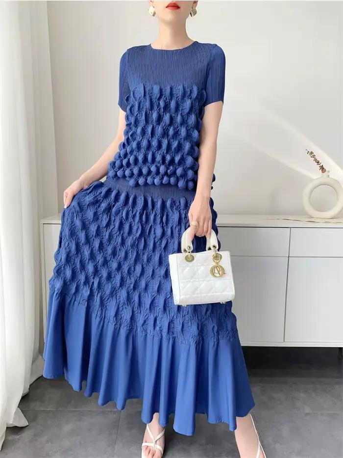 Ensemble Miyake Jupe à Bulles Pliée à la Main Haut à Manches Courtes Style Bohème Nouvelle Collection Printemps Été 2025 Occasions Spéciales Femmes