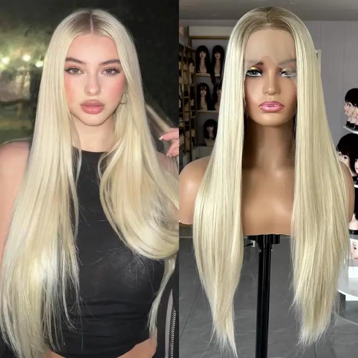 Perruque synthétique lisse longue blonde ombrée pour femmes, perruque en Fiber résistante à la chaleur avec raie centrale, couleur blond cendré, pour fête quotidienne