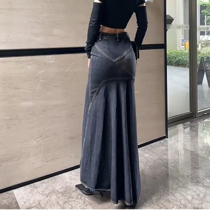 Maxi jupe femmes décontracté sirène Streatwear taille haute fermeture éclair Denim jupes Y2k Streetwear ample longue maman jean cheville longueur été