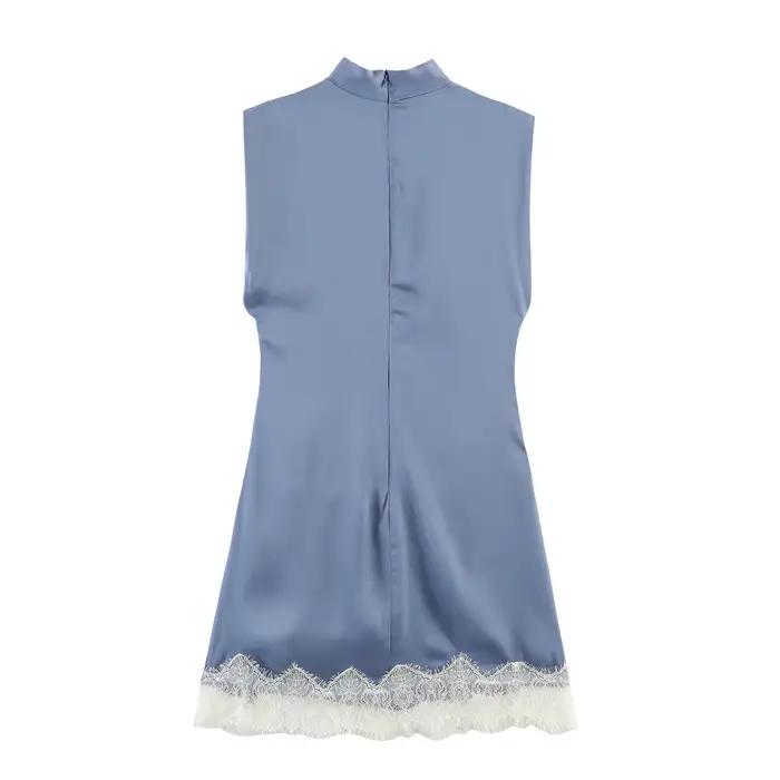 Robes pour femmes, robe bleue élégante pour femmes, col haut, sans manches, avec ourlet en dentelle à volants, robe mini slim fit automne hiver, marque