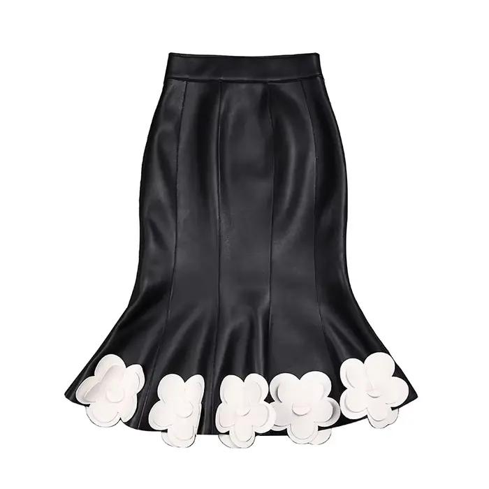 Femmes en cuir véritable Jupe Femme élégant taille haute 3D fleurs noir blanc couleur contraste queue de poisson
