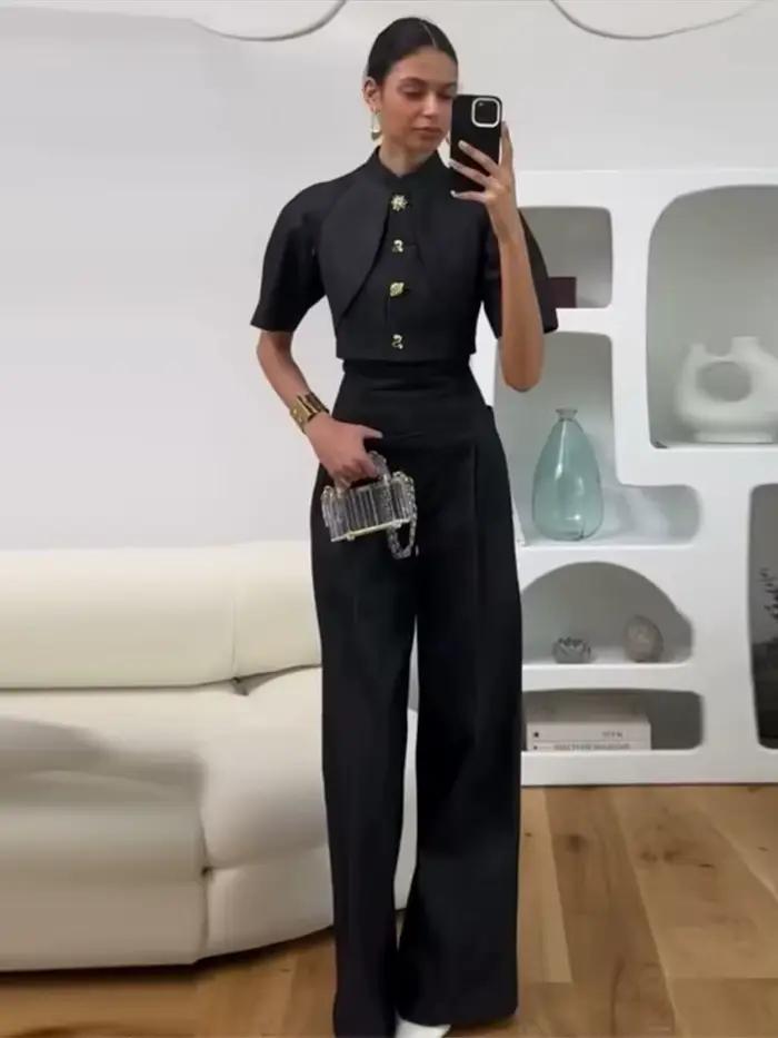 Ensemble tailleur-pantalon en jean pour femme, veste à manches mi-longues boutonnée et pantalon taille haute ample, élégant et chic