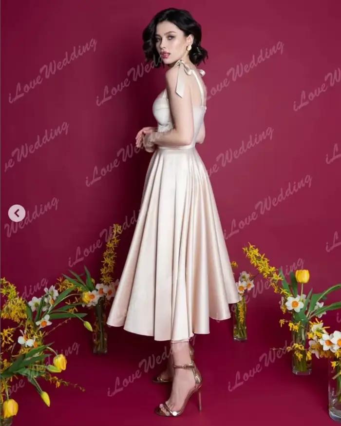Robe de mariée courte personnalisée, robes de cocktail sexy, robes de mariée simples à col cœur, robes de mariée en satin longueur thé, coupe trapèze 2025