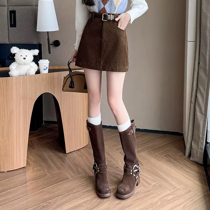 Mini Jupe Trapèze en Velours Côtelé Polyvalente Pour Femmes Style Décontracté Occasions Spéciales Automne Hiver
