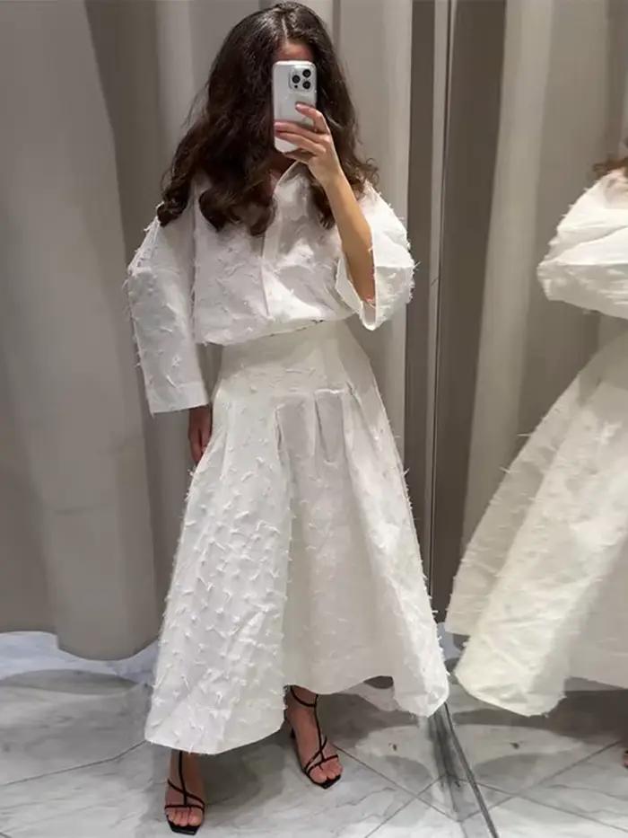 Élégant franges chemise jupe ensemble femmes demi manches revers simple boutonnage chemises a-ligne jupes longues costume 2025 été dame ensembles