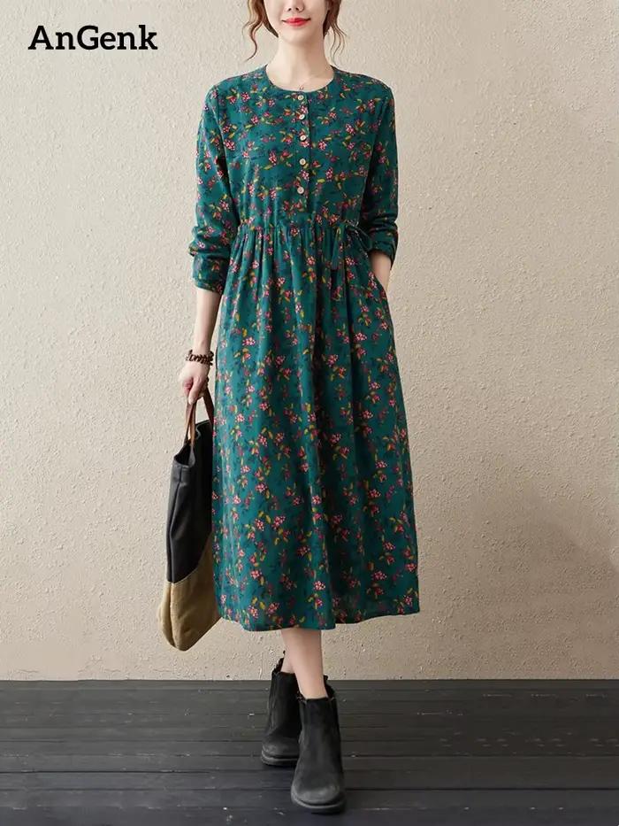Robes à manches longues en coton et lin à imprimé floral vintage pour femmes