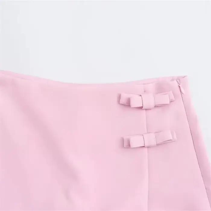 Mini Jupe Rose Blanche Avec Nœud Papillon Pour Femme Occasionnels Spéciaux Haute Taille Courte Fendue Polyestère