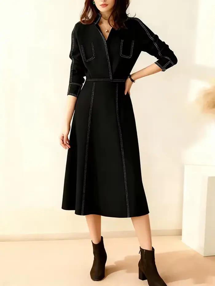 Robe midi noire pour femme 2026 – Robes décontractées élégantes pour femme – Tenues décontractées à col en V et surpiqûres contrastées