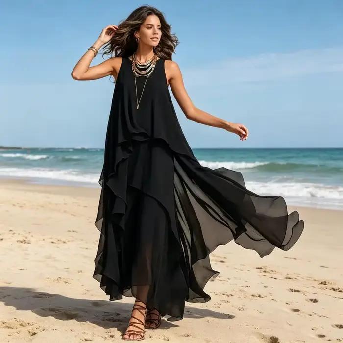 Robe longue fluide en mousseline pour femme, sans manches, col rond, ourlet asymétrique, robe d'été superposée pour cocktail ou invitée de mariage