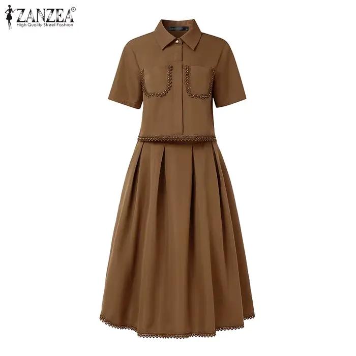 ZANZEA Ensemble jupe et haut à manches courtes avec bordure en dentelle
