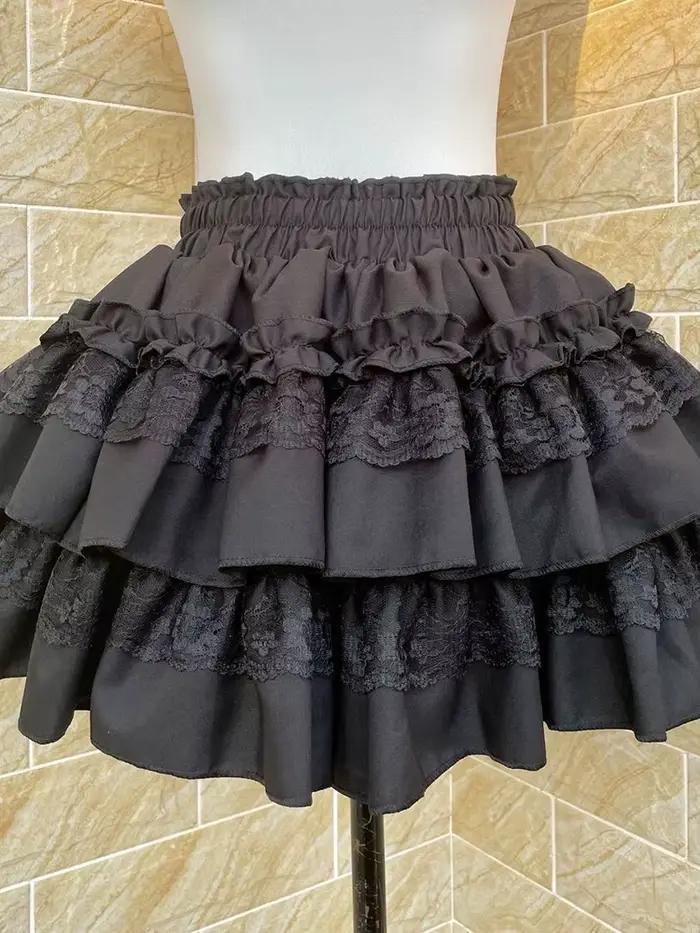 Jupe Courte Femme Noire Style Preppy Taille Haute Sexy avec Dentelle Patchwork Vintage pour l'Été