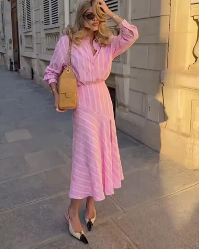 Jupe Femme 2026 Nouvelle Collection Printemps-Été Rose Rayée en Lin Longueur Midi
