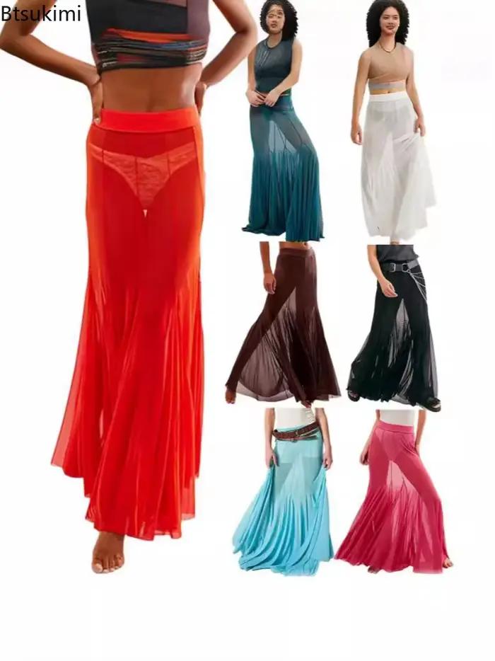 Nouvelles Jupes Longues Sexy en Maille Transparente pour Femmes 2026 – Taille Haute Élastique