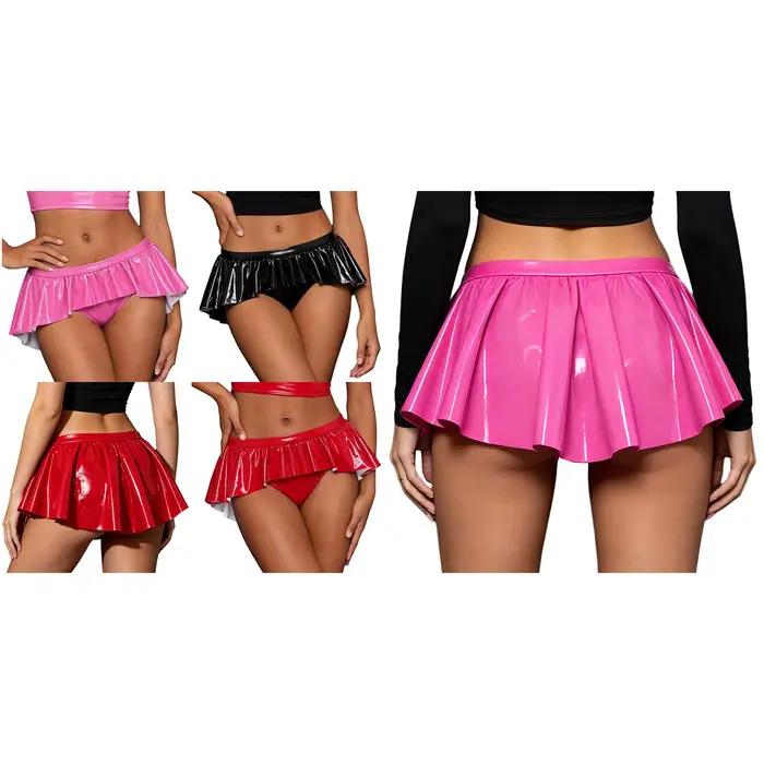 Mini-jupe taille basse pour femme, shorty en similicuir PU effet mouillé, jupe irrégulière à volants, micro-culotte, sous-vêtement, tenue de club, vêtement de nuit