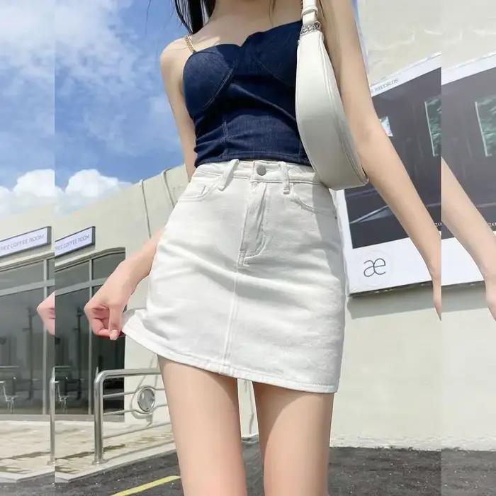 Xpqbb blanc Denim jupes femmes printemps été coréen taille haute paquet hanche jupe femme décontracté Simple sauvage