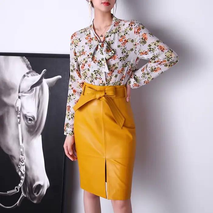 Jupe mi-longue en cuir véritable pour femme