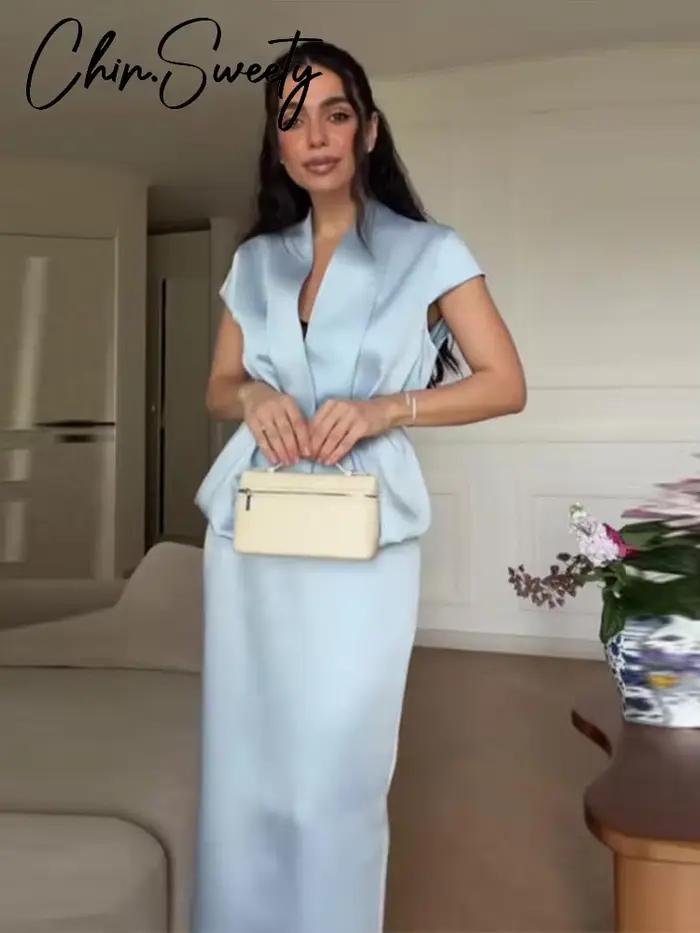 Nouvel ensemble jupe et blazer urbain pour femme : haut plissé sans manches à col en V