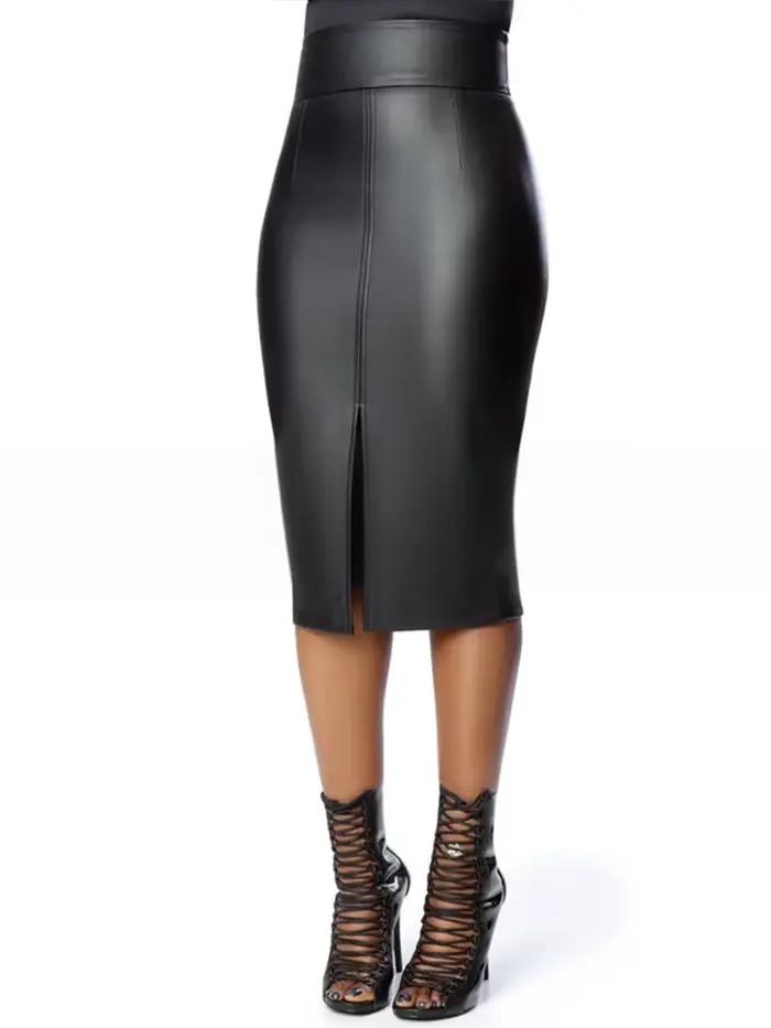 Jupes mi-longues en cuir noir pour femmes, taille haute, longueur au genou, fête, bureau, dame commandée, jupe crayon mince, ourlet fendu, personnalisé, 256