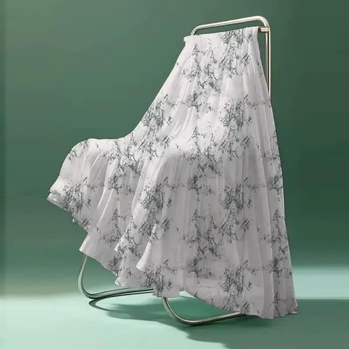 Jupe longue plissée en mousseline blanche à fleurs pour femme - Taille haute