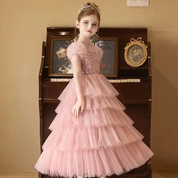 Robe longue 2025 rose paillettes filles robes de princesse vêtements enfants Pageant hôte Tulle fête d'anniversaire bébé robe enfants Costumes