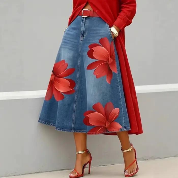 Jupes en jean pour femmes, mi-longues, coupe trapèze, imprimé floral, poches, élégantes, style Y2K, streetwear, décontractées, pour le travail, la plage, délavées, été