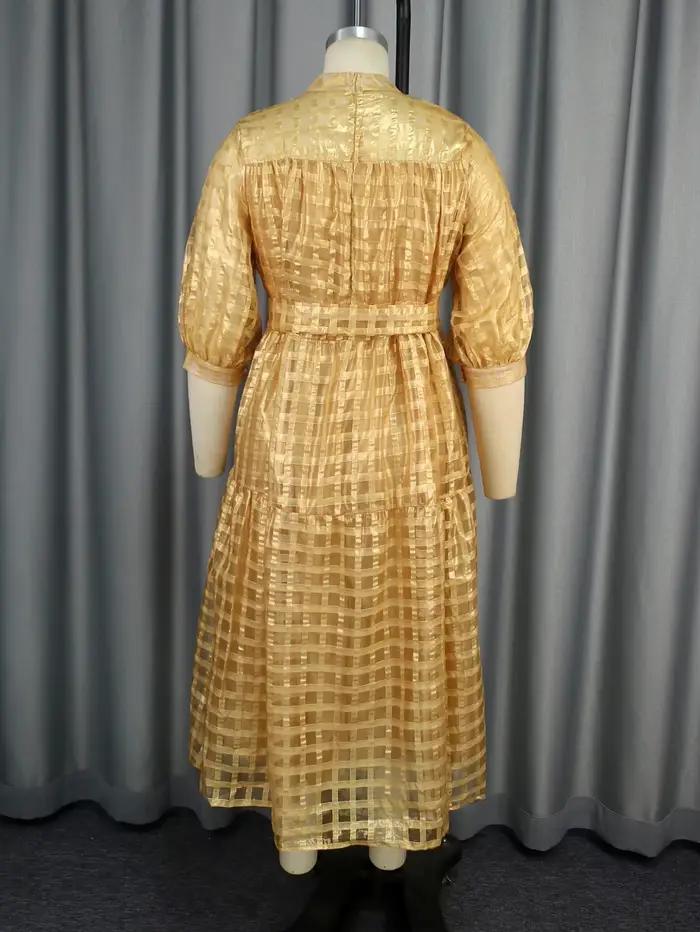 Robe Mi-Longue Élégante à Manches Demi Lanterne pour Femme, Col Rond, Plaid, Décontracté, Travail de Bureau, Soirée, Ligne A, Boule, Quelle que soit la Tenue d'Été