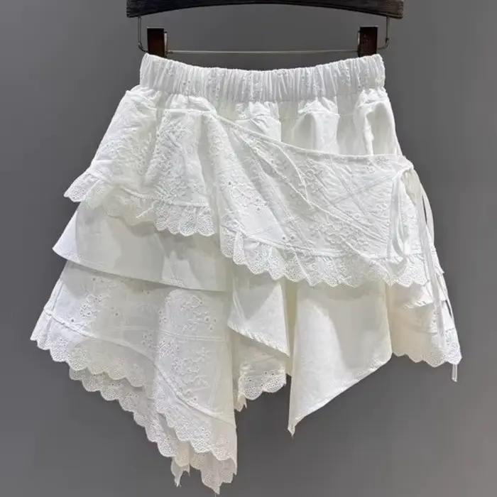 Été 2025 blanc asymétrique dentelle jupe femmes décontracté doux taille haute a-ligne Mini