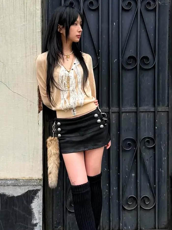 Kliou Double-Breasted Design Mini Jupe Femme D'été Tendance Anneaux En Métal Patchwork Taille Élastique Skinny Wrap Hanche Sauvage Style Bas